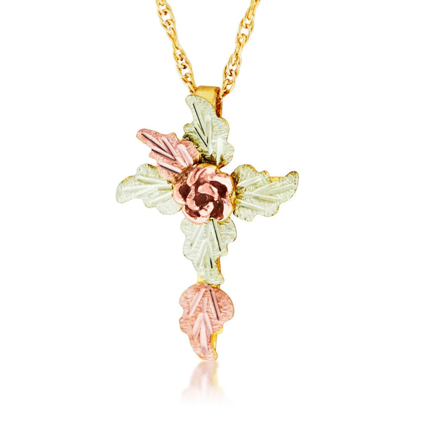 Black Hills Gold Leaf Cross With Rose Center Pendant Necklace - Wall Drug Store