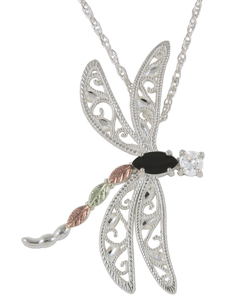 Black Hills Gold Sterling Silver Large Dragon Fly Pendant with CZ and Onyx - Wall Drug Store