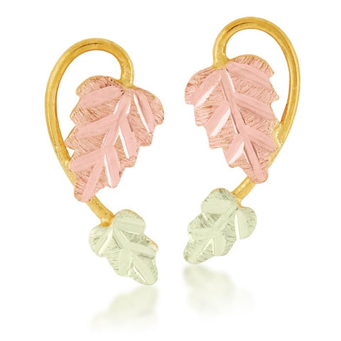 Black Hills Gold Vine Pink & Green Leaf Earrings in 10k Yellow Gold - Wall Drug Store
