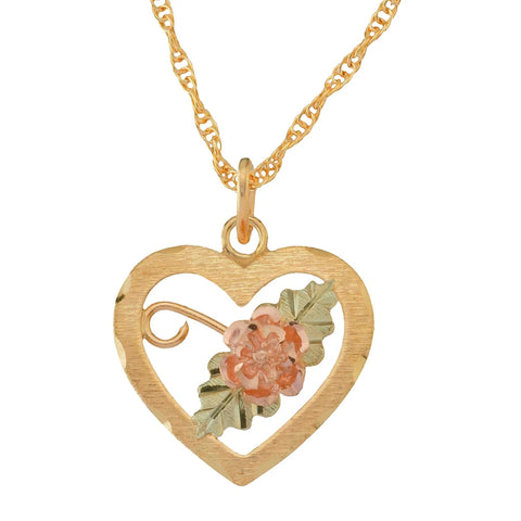 Black Hills Gold 10K Yellow Gold Open Heart Pendant with a 12K Rose Supported by 12K Green Leaves - Wall Drug Store