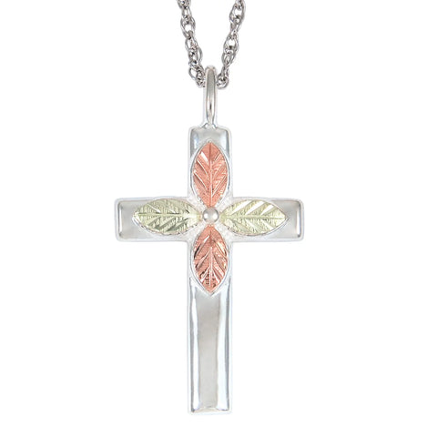 Black Hills Gold Sterling Silver Cross With 12K Rose & Green Gold Leaves - Wall Drug Store